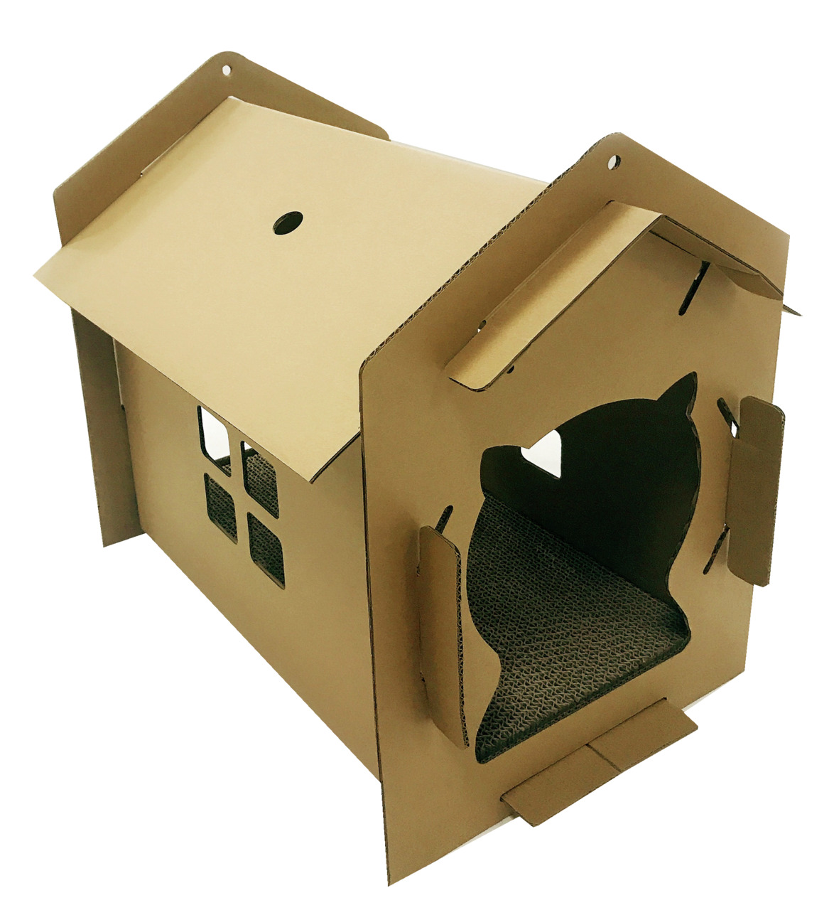 CROCI Eco-Haus: Faltbares Katzenhaus aus Pappe, nat. Kartonfarbe, mit Kratzfläche, für Katzen aller Größen, umweltfreundlich.