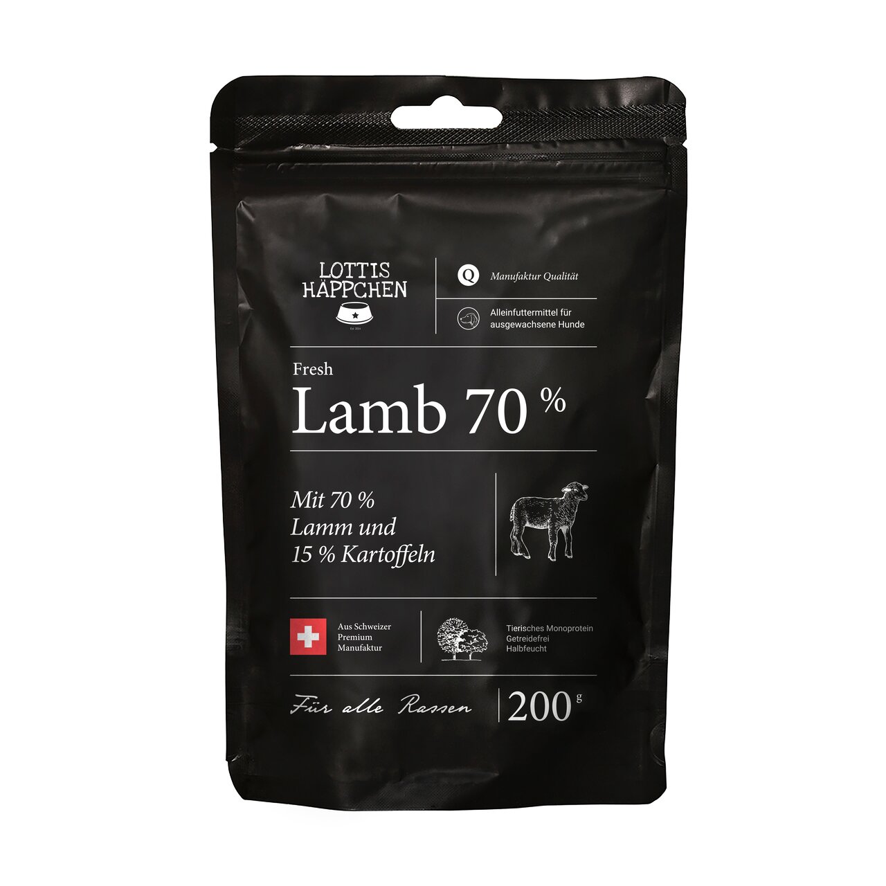 LOTTIS HÄPPCHEN Fresh Lamb 70% für ausgewachsene Hunde, Geschmack Lamm, Monoprotein, getreidefrei, 200 g Beutel.