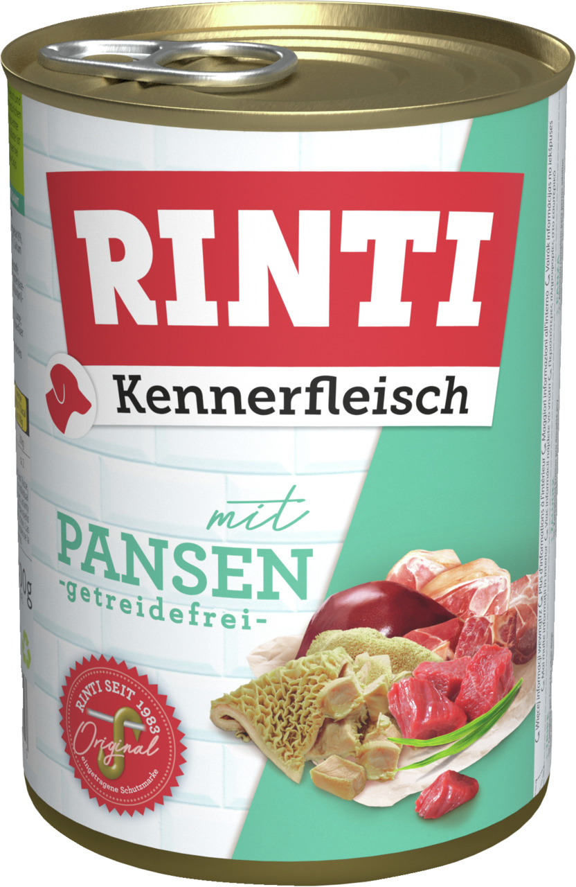 RINTI Kennerfleisch Hundefutter, mit Pansen, getreidefrei, 800 g, frische Fleischstücke, für Hunde.