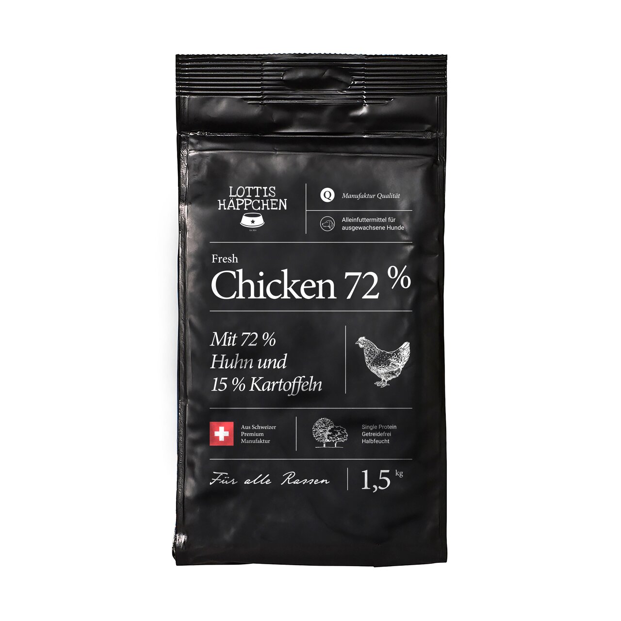 LOTTIS HÄPPCHEN Fresh Chicken 72% für ausgewachsene Hunde, Huhn, Single Protein, getreidefrei, 1,5 kg