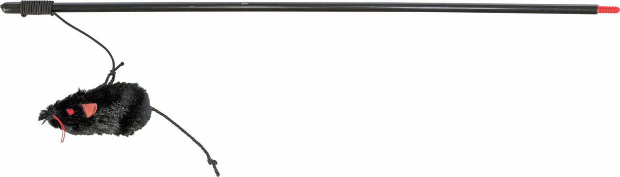TRIXIE Spielangel für Katzen, schwarze Plüschmaus, rote Details, fördert Bewegung & Jagdinstinkt, ideal für interaktive Spiele.