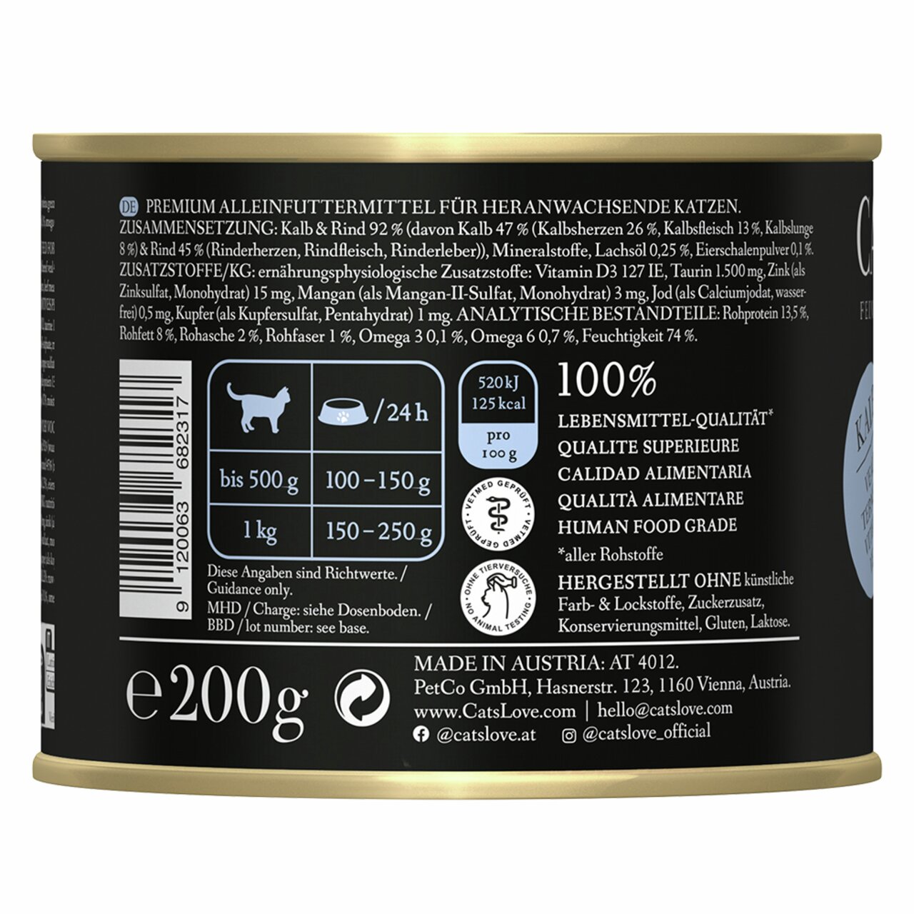 Cat's Love Kalb & Rind Nassfutter für heranwachsende Katzen, Lebensmittelqualität, ohne Zusatzstoffe, 200 g Dose.