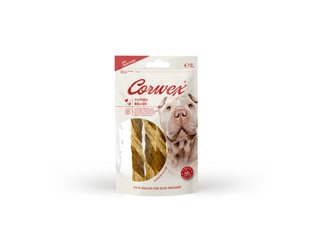 Corwex Puffed Braids für Hunde, Geschmack Hühnerfleisch, leicht verdaulich, ohne Rohhaut, 80 g Beutel, gute Snacks für gute Freunde.