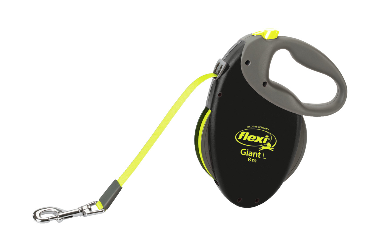 Das Bild zeigt die Flexi Giant L Hundeleine, eine ausziehbare Leine mit einer Länge von 8 Metern. Sie ist speziell für große Hunde geeignet und bietet eine robuste Verarbeitung. Die Leine ist in Schwarz mit einem neonfarbenen Band gestaltet, das für besse