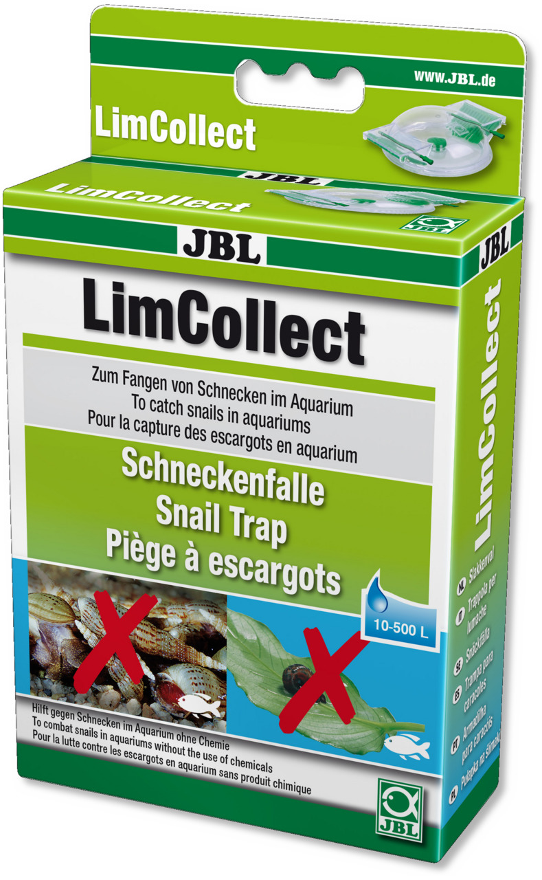 JBL LimCollect Schneckenfalle, für Aquaristik-Fans, chemiefrei, geeignet für 10-500 L Aquarien, grüne Verpackung mit Schneckenbildern.