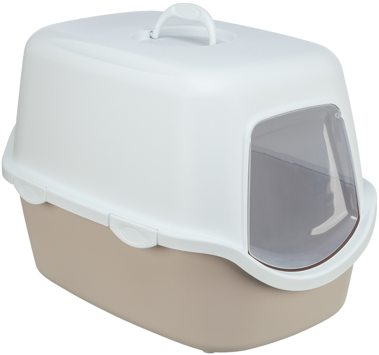 Das Bild zeigt die TRIXIE Katzentoilette Berto Top in Beige und Weiß, geeignet für Katzen. Sie verfügt über eine Haube mit Tragegriff und eine transparente Schwingtür, die Gerüche reduziert. Die Toilette bietet Privatsphäre und Hygiene für Katzen und ist 