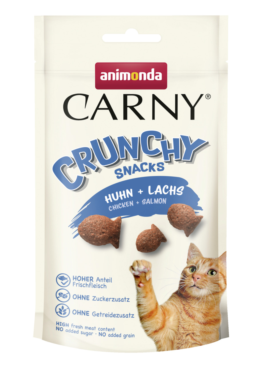 Animonda Carny Crunchy Snacks, Katzensnacks für erw. Katzen, Huhn & Lachs, hoher Frischfleischanteil, ohne Zucker/Getreidezusatz.