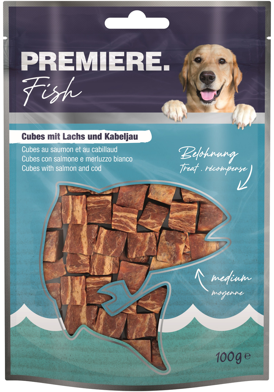 PREMIERE Fish Cubes, Hundesnack f. erwachsene Hunde, Geschmack Lachs & Kabeljau, 100 g, Belohnung, Qualität & Genuss.