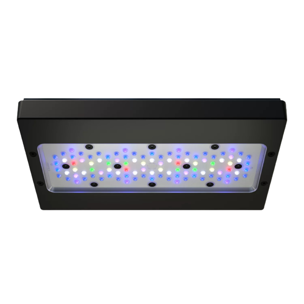 Das Bild zeigt die Ecotech Radion XR30 G5 Pro LED-Aquarienleuchte, eine hochwertige Beleuchtungslösung für Meerwasseraquarien. Die schwarze Leuchte verfügt über ein rechteckiges Design und eine Vielzahl von LEDs in verschiedenen Farben, die für optimales 