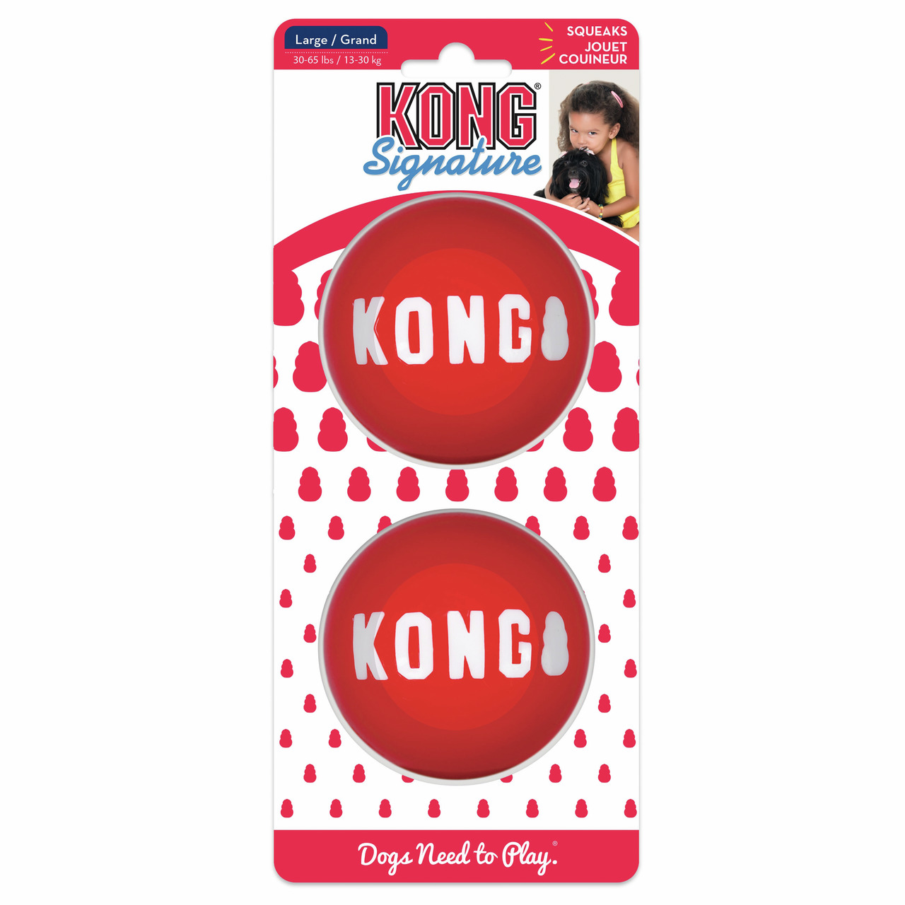 KONG Signature Hundespielbälle, rot, für Hunde 13-30 kg, mit Quietschgeräuschen, 2 Stk., Aufschrift: „Dogs Need to Play“.