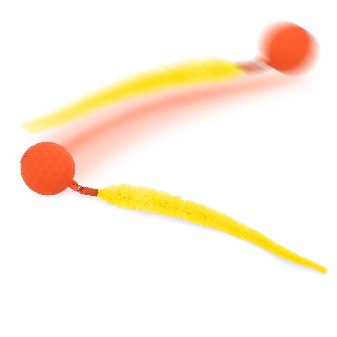 Spielzeug für Katzen von all for paws: Orangene Spielbahn mit gelbem Plüsch-Schwanz und orangenen Bällen für interaktiven Spaß.