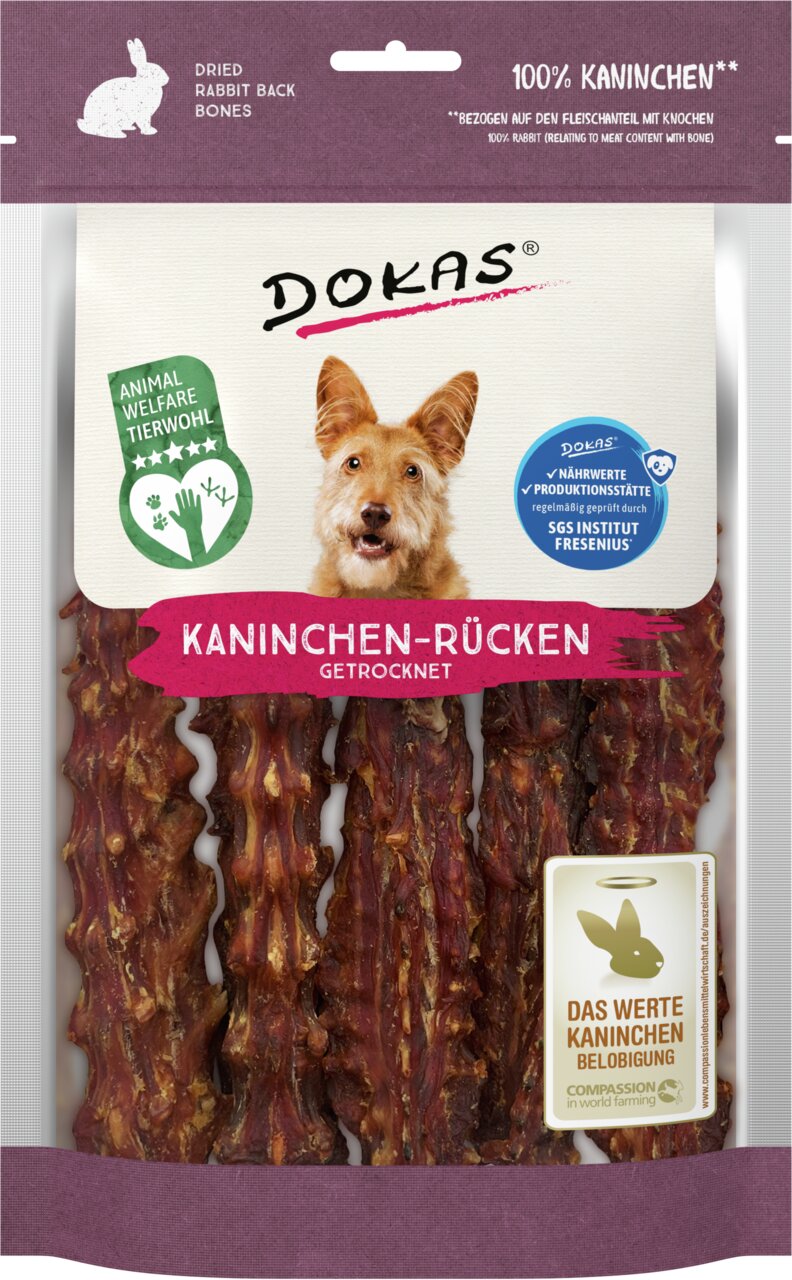 DOKAS Kaninchen-Rücken, getrocknet, für Hunde, 100 % Kaninchen, ausgezeichnet für Tierwohl, 100 g Packung.