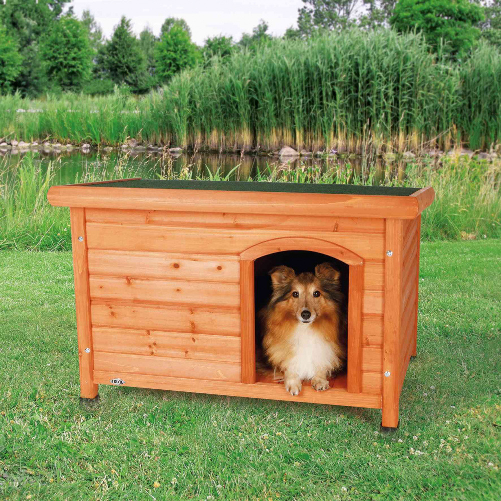 Das Bild zeigt eine TRIXIE Hundehütte aus Holz, geeignet für mittelgroße Hunde. Die Hütte steht auf einer grünen Wiese vor einem Teich mit Schilf im Hintergrund. Ein Sheltie-Hund sitzt entspannt im Eingang der Hütte. Die robuste Konstruktion bietet Schutz