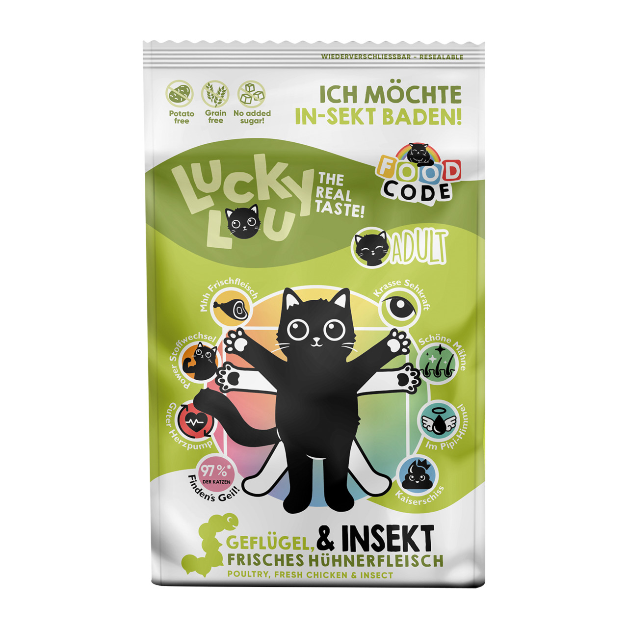 Lucky Lou Katzenfutter Adult, Geflügel & Insekt, frisches Hühnerfleisch, ohne Kartoffeln, Getreide & Zucker, wiederverschließbar.