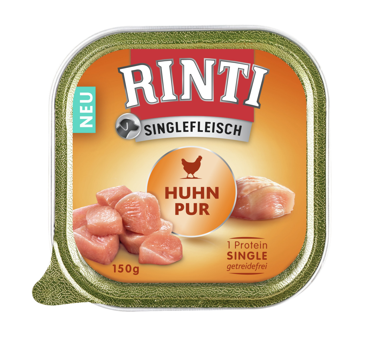 RINTI Singlefleisch Huhn Pur für Hunde, 150 g, reines Hühnerfleisch, getreidefrei, Single-Protein, orange Verpackung, „NEU“.