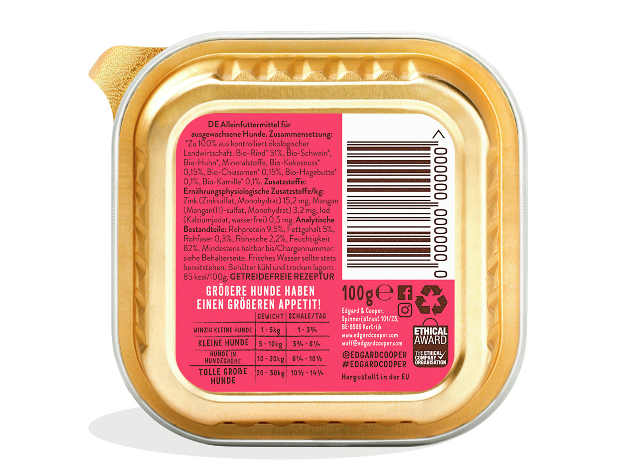 Edgard & Cooper Bio-Rind & Bio-Huhn, 100g, Alleinfutter f. ausgew. Hunde, 100% bio, getreidefrei, nährstoffreich.