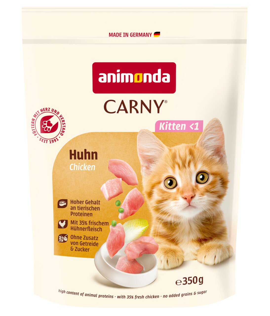 animonda Carny Kitten Katzennahrung für Kitten unter 1 Jahr, Geschmack Huhn, hoher Proteinanteil, 350 g, getreidefrei.
