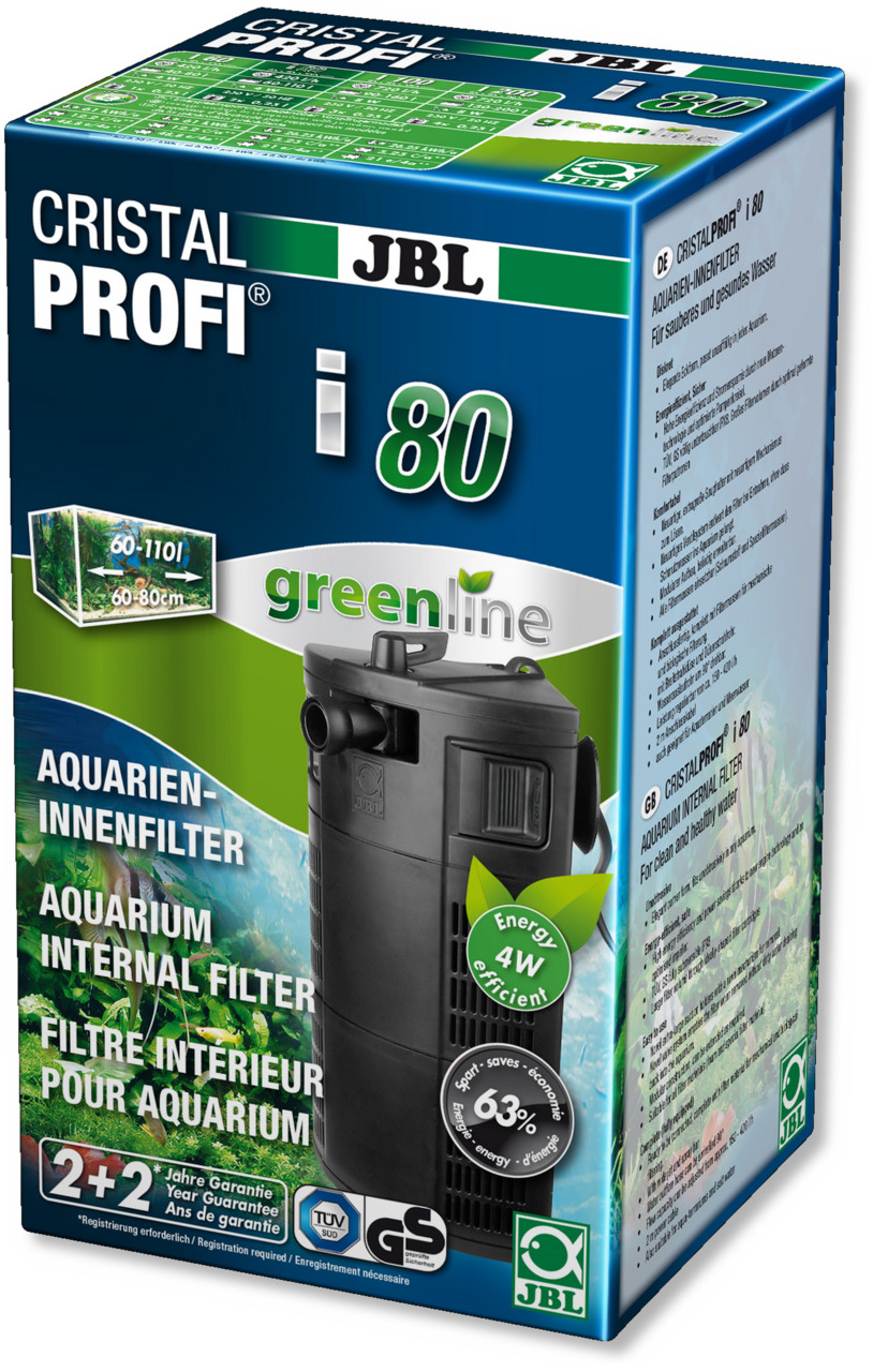 Das Bild zeigt den JBL CristalProfi i80 greenline, einen energiesparenden Innenfilter für Aquarien mit einem Fassungsvermögen von 60 bis 110 Litern. Der Filter ist für Süß- und Meerwasseraquarien geeignet und zeichnet sich durch einen Energieverbrauch von