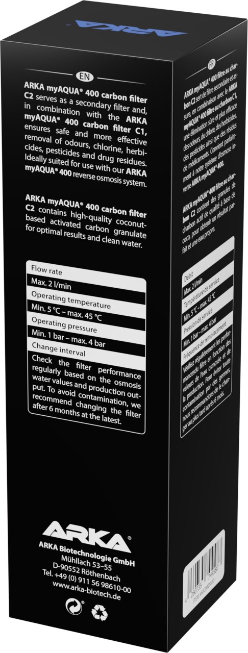 ARKA myAQUA 400 carbon filter C2, Aktivkohle-Nachfilter für Umkehrosmoseanlagen, reduziert Gerüche und Chlor.
