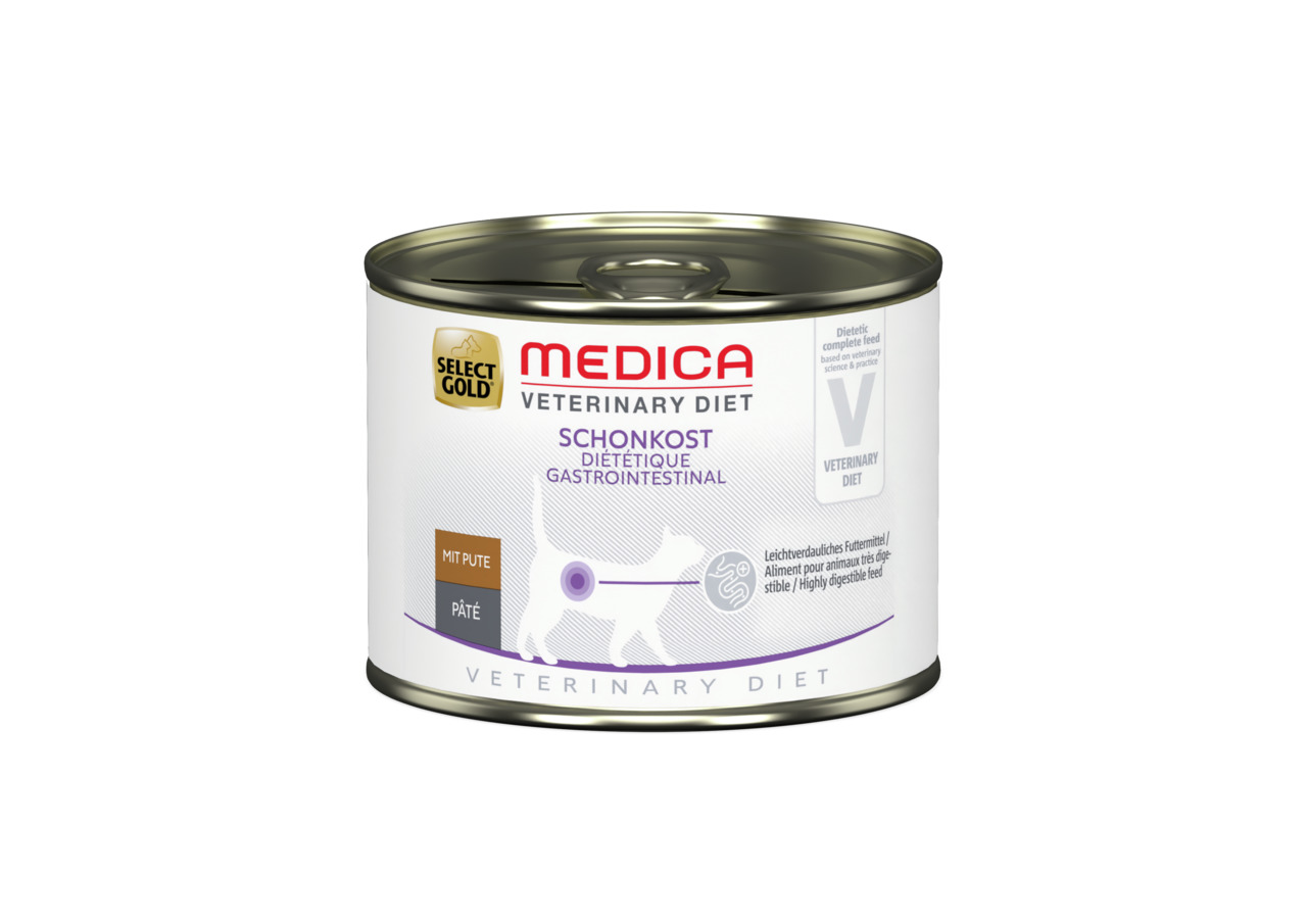 Select Gold Medica Vet. Diet Schonkost Gastrointestinal, Pute, für Katzen mit sens. Magen-Darm, leicht verdaulich, 200 g.