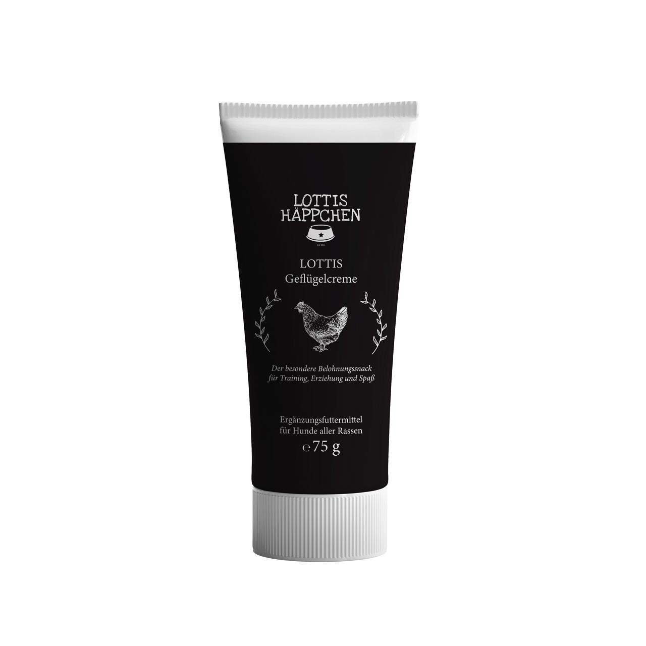 Das Bild zeigt eine schwarze Tube mit weißem Verschluss der Marke "Lottis Häppchen". Es handelt sich um "Lottis Geflügelcreme", ein Ergänzungsfuttermittel für Hunde aller Rassen. Die Geschmacksrichtung ist Geflügel. Die Tube enthält 75 g und wird als beso
