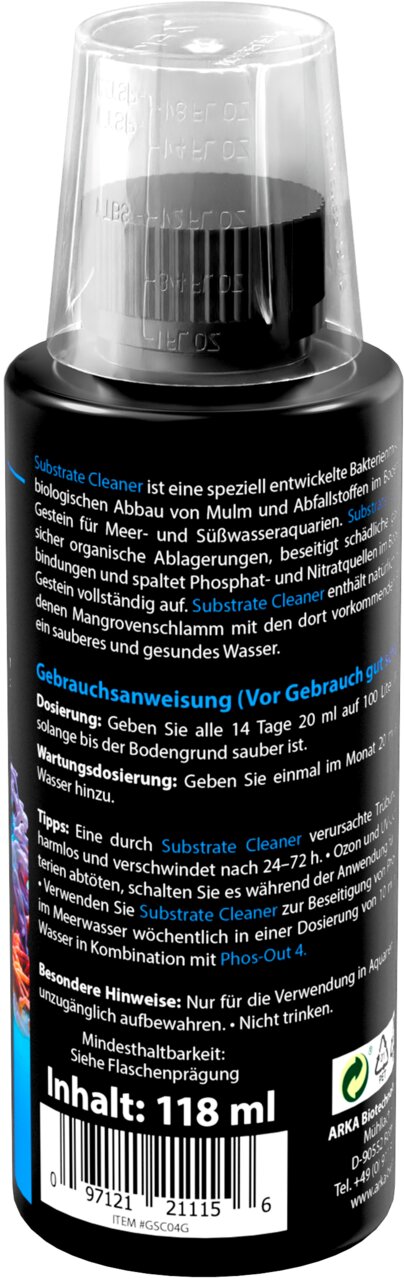 ARKA Substrate Cleaner für Meer- und Süßwasseraquarien, reinigt Bodengrund biologisch, Inhalt 118 ml.