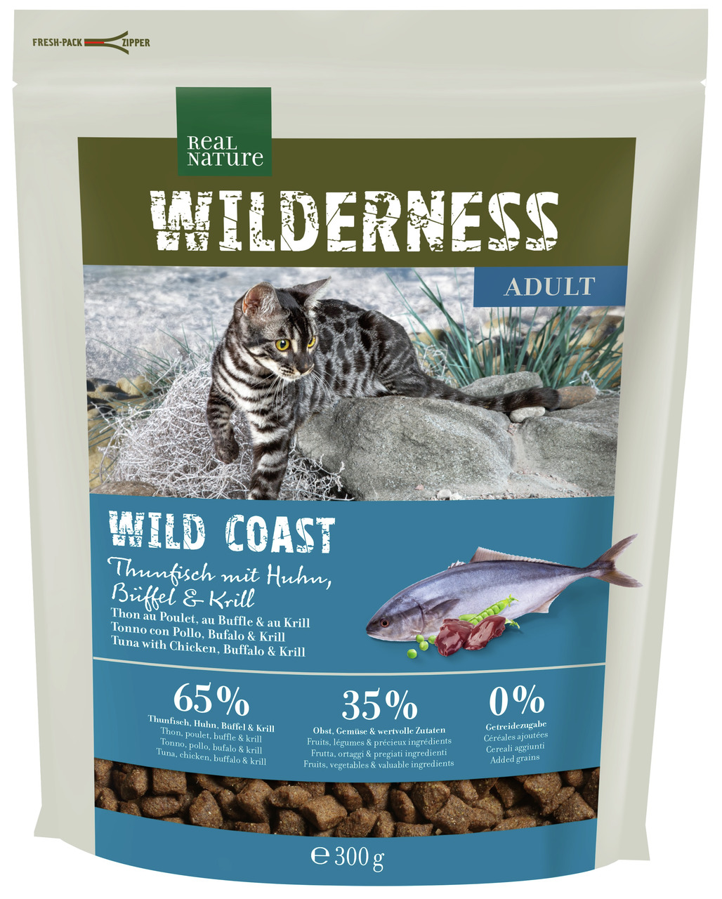 REAL NATURE WILDERNESS Wild Coast, Katzenfutter für ausgewachsene Katzen, Thunfisch, Huhn, Büffel, Krill, 300 g, 65 % tierische Zutaten, getreidefrei.