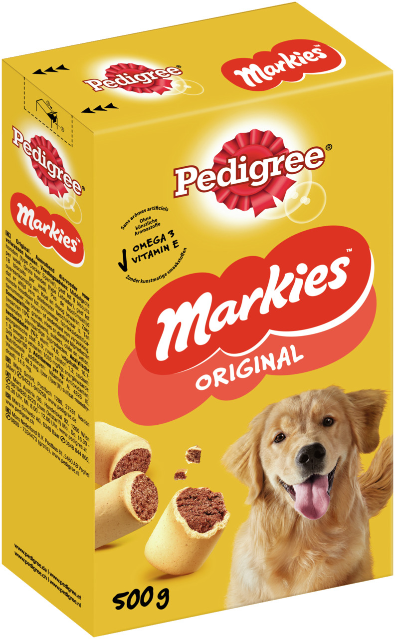 Das Bild zeigt eine gelbe Verpackung des Hundefutters „Pedigree Markies Original“. Die Zielgruppe sind Hunde. Die Leckerlis haben eine knusprige Hülle und eine fleischige Füllung. Die Verpackung enthält 500 g und wirbt mit Omega-3 und Vitamin E für Gesund