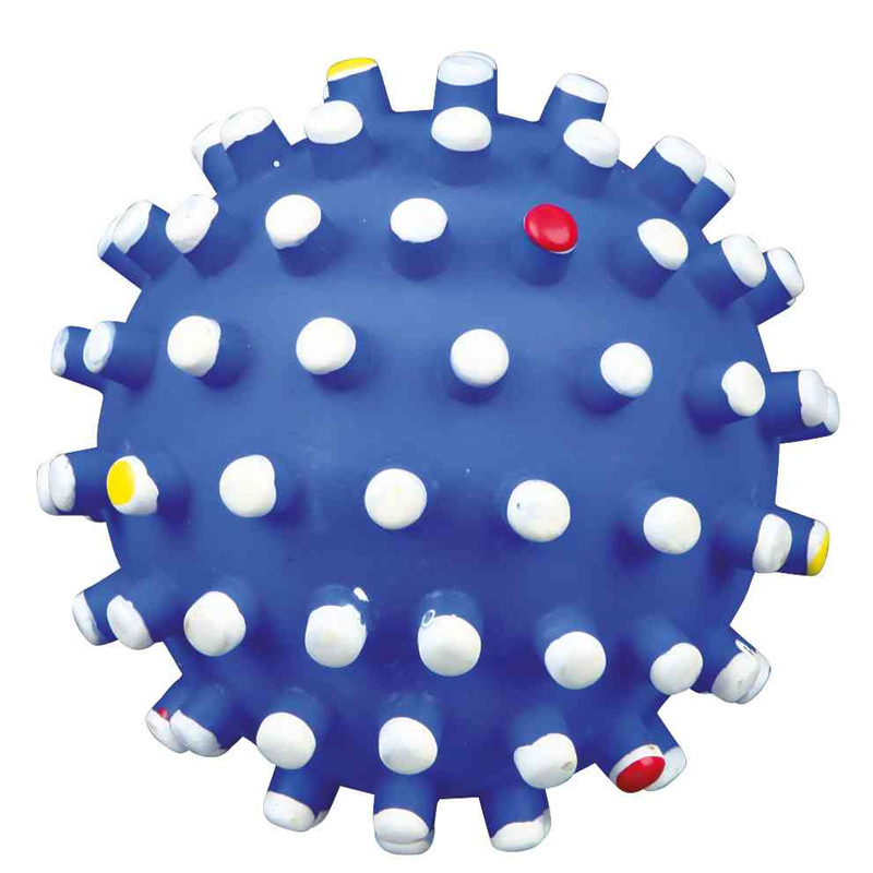 Das Bild zeigt den TRIXIE Igelball, ein Spielzeug für Hunde. Der blaue Ball ist mit weißen Noppen und farbigen Akzenten in Rot und Gelb versehen, die das Kauen und Spielen fördern. Geeignet für Hunde aller Größen, unterstützt er die Zahnpflege und sorgt f