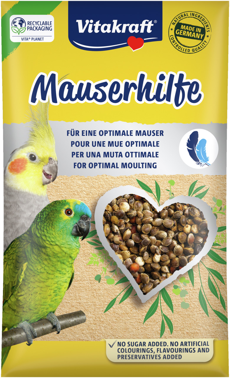 Vitakraft Mauserhilfe, Ergänzungsfutter f. Papageien-Sittiche, unterstützt Mauser, nat. Zutaten, zuckerfrei, ohne künstl. Zusätze.