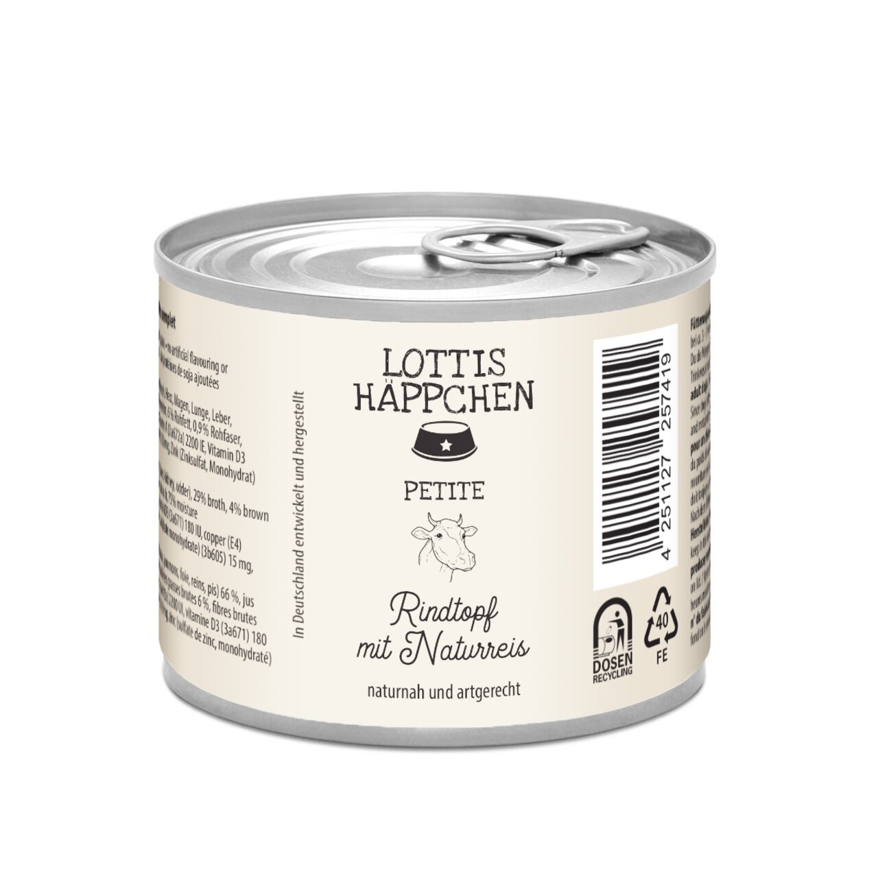 Dose Lottis Häppchen Petite, Rindtopf mit Naturreis, für Hunde, 200 g, natürlich und artgerecht, in Deutschland hergestellt.