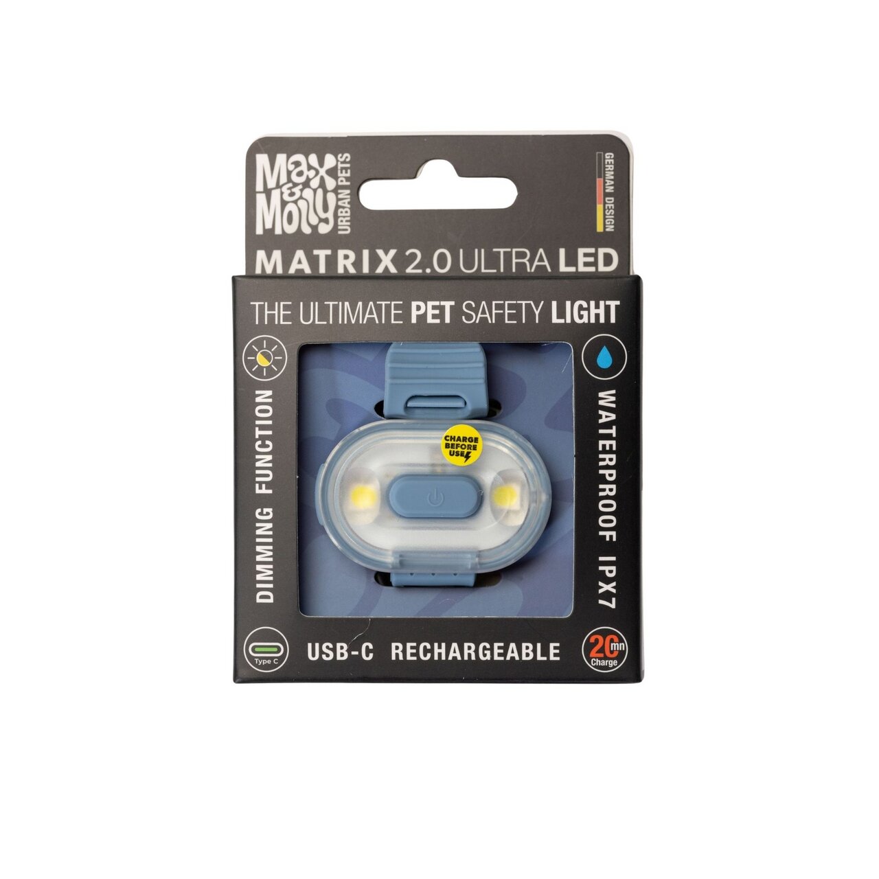 Max & Molly Matrix 2.0 Ultra LED, Sicherheitsleuchte f. Hunde, Blau, USB-C, dimmbar, IPX7, 2 Std. Leuchtdauer, wiederaufladbar.