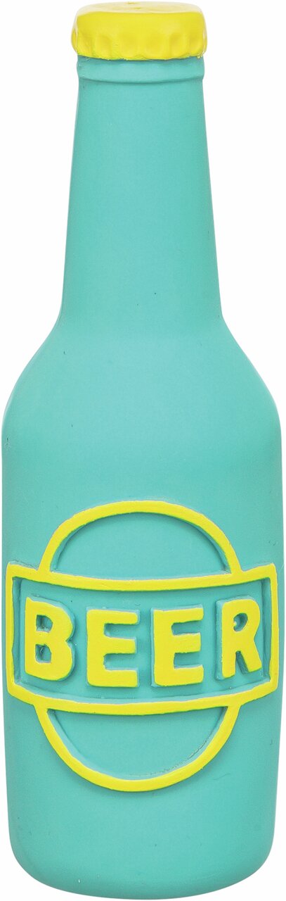 TRIXIE Hundespielzeug aus Gummi in Form einer Bierflasche, türkis-gelb, für Hunde, langlebig, robust und zahnschonend.