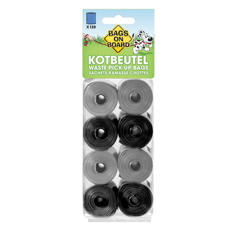 Bags On Board" Kotbeutel, 120 Stk., für Hundebesitzer, Schwarz/Grau, leicht handhabbar, umweltfreundlich, hygienisch für Hundekot.;https://pim.mp.group/KoelleZoo/volumes/jtl_images/666/667/162234/632039920242_2.jpg;2;BAGS Kotbeutel 8er neutral Bild 2;Bags