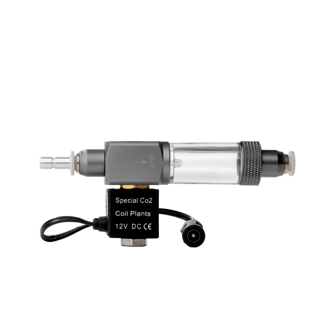 ME Special CO2 Magnetventil für Aquarienpflanzen, Zielgruppe Aquaristik, transparentes Gehäuse, 12V DC Anschluss.