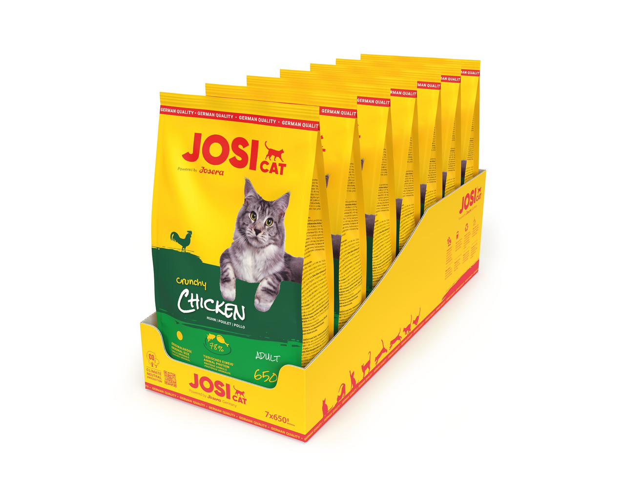 Josera JosiCat Crunchy Chicken, Trockenfutter f. erwachsene Katzen, Geschmacksr. Huhn, 7 x 650 g, gelbe Verpackung m. grünen Akzenten.