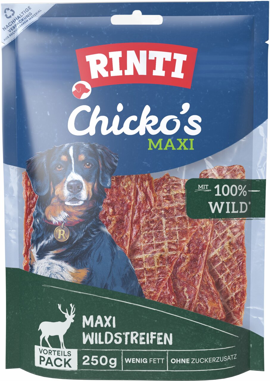RINTI Chicko’s Maxi Wildstreifen für ausgew. Hunde, 100 % Wildfleisch, fettarm, ohne Zucker, 250 g, nachhaltige Verpackung.