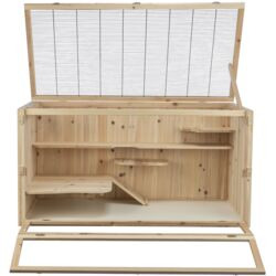 TRIXIE Kleintierstall, für Kaninchen/Meerschweinchen, naturfarbenes Holz, mehrstöckig, aufklappbare Gitterabdeckung, geräumig, sicher.