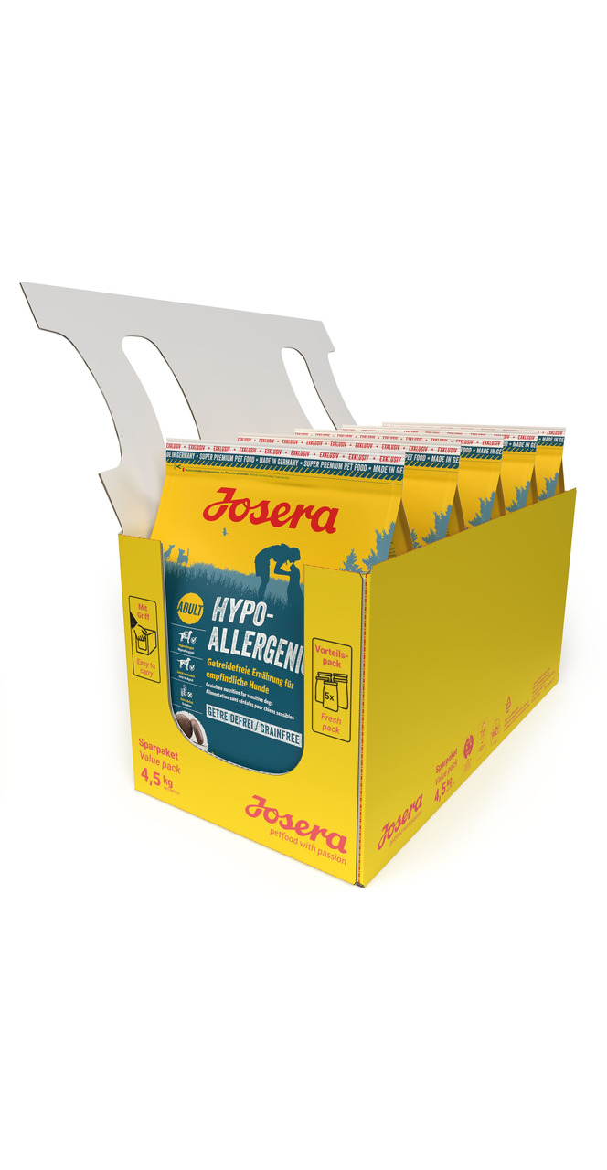 Gelbes Josera-Verpackungsdesign mit der Aufschrift „Hypoallergen – Getreidefreie Ernährung für empfindliche Hunde“. Das Bild zeigt ein Vorteilspack mit 5 x 900 g Beuteln (insgesamt 4,5 kg). Zielgruppe: erwachsene Hunde. Marke: Josera. Ideal für Hunde mit 