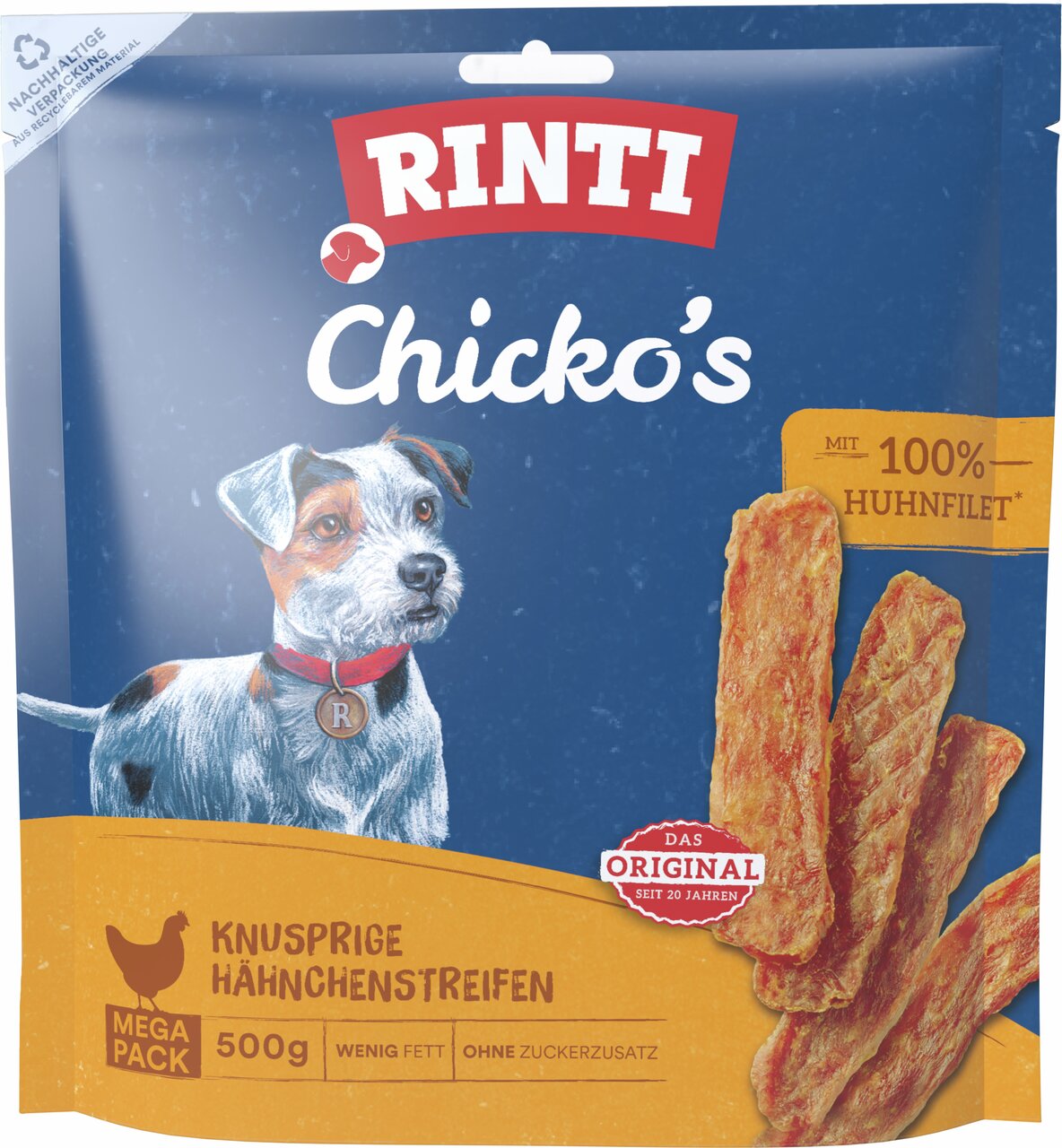 RINTI Chicko’s Mega Pack, 500 g, knusprige Hähnchenstreifen aus 100 % Hühnerfilet, fettarm, ohne Zuckerzusatz, für Hunde.