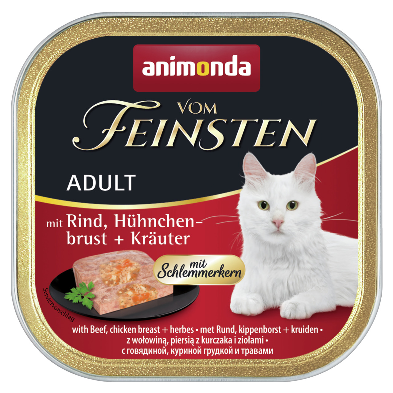 Sparpaket 32 x 100 g Animonda Vom Feinsten Adult mit Rind, Hühnchenbrust + Kräuter mit Schlemmerkern Katzen Nassfutter