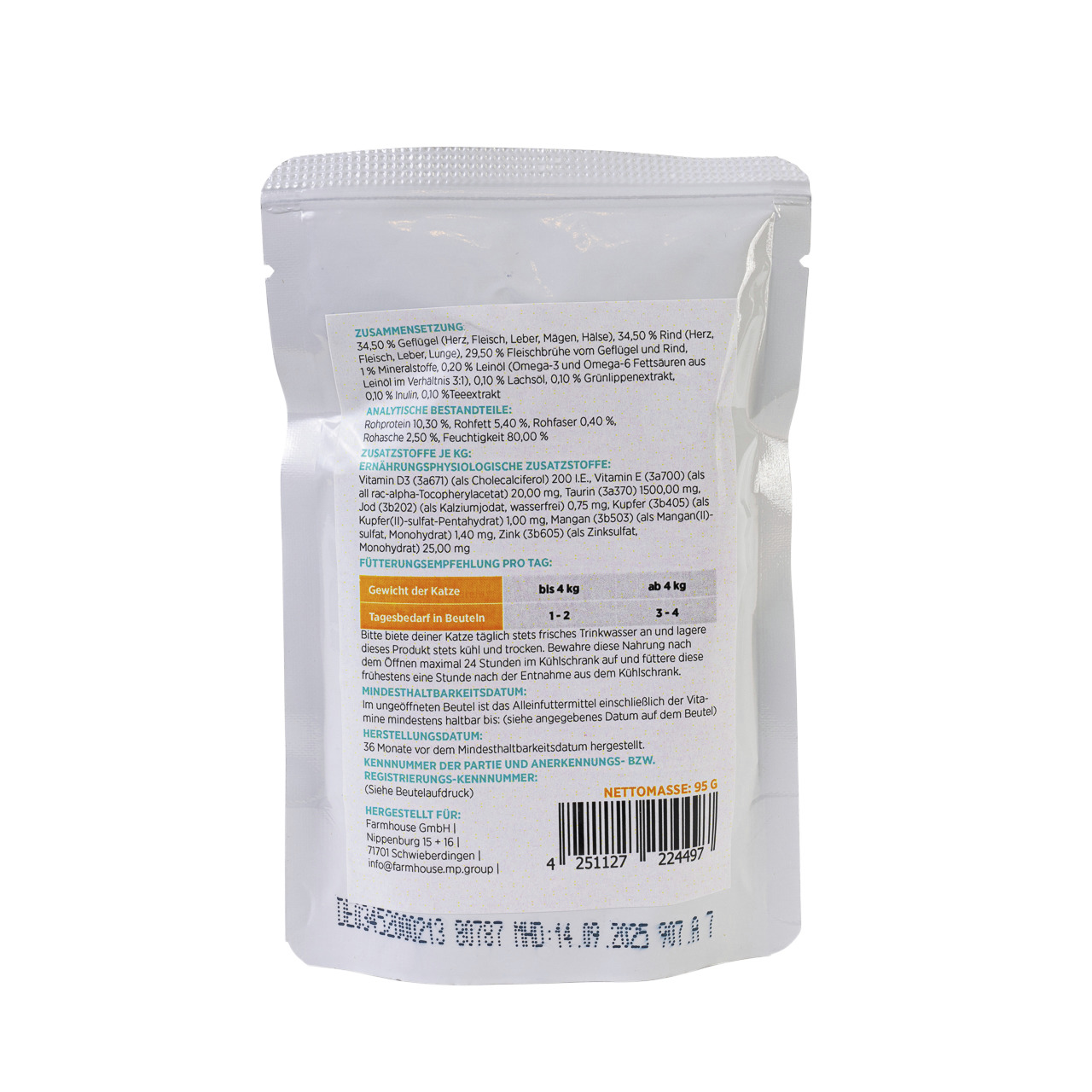 Farmhouse MINCAS HÄPPCHEN, Alleinfutter f. Katzen, Geflügel & Rind, 95 g.