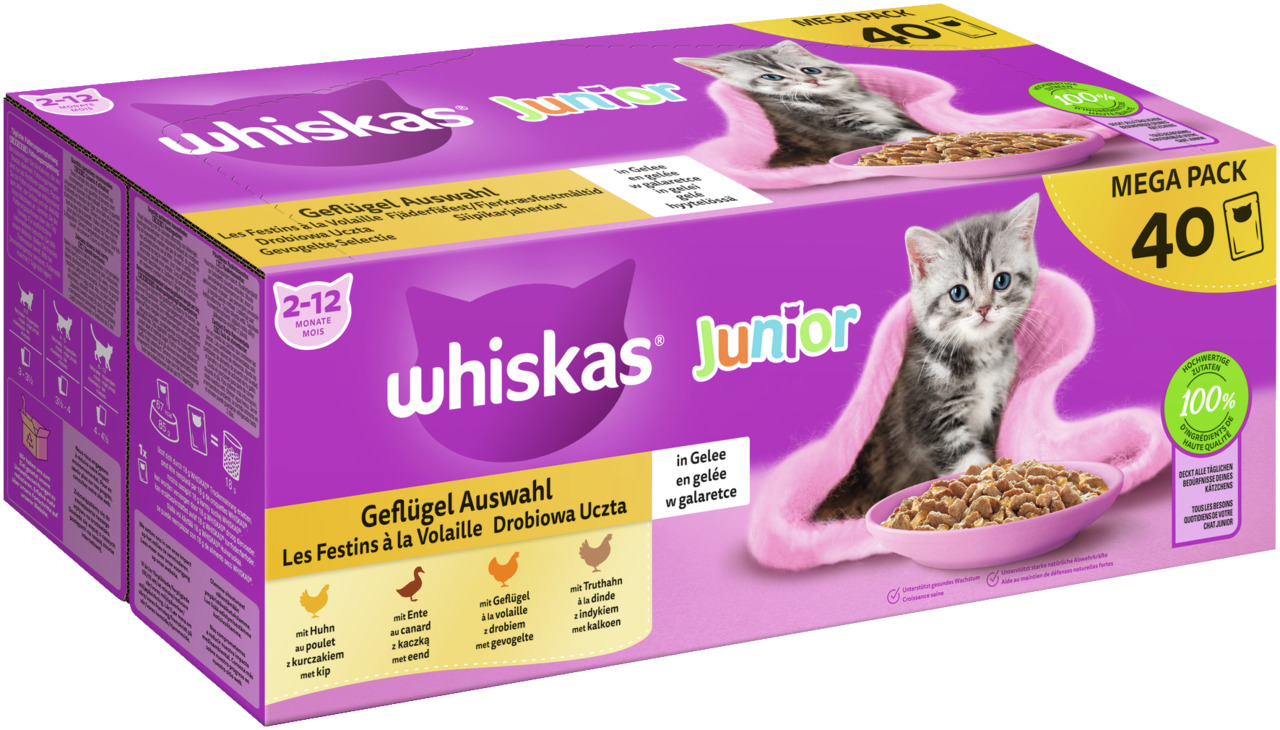 Whiskas Junior Geflügel Auswahl in Gelee, für junge Katzen (2-12 Mon.), 40x Portionsbeutel, Huhn/Ente/Geflügel/Truthahn, 100% Nährstoffe.