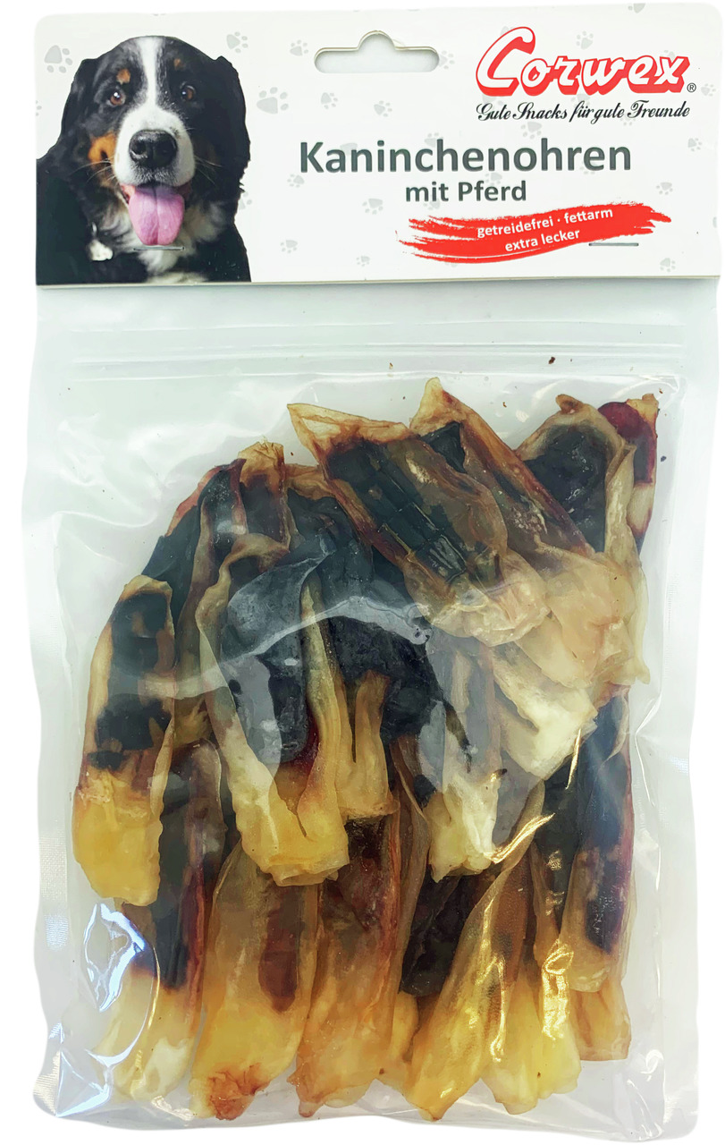 Corwex Kaninchenohren mit Pferd, getreidefreier & fettarmer Snack für Hunde, extra lecker, natürliche Leckerlis, mehrere Stücke.