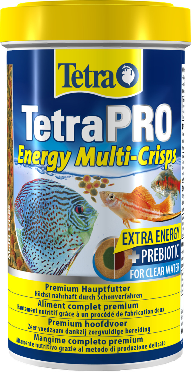 Tetra „TetraPRO Energy Multi-Crisps“: Premium-Hauptfutter für Zierfische, nährstoffreich, Extra Energy, präbiotisch, klares Wasser.