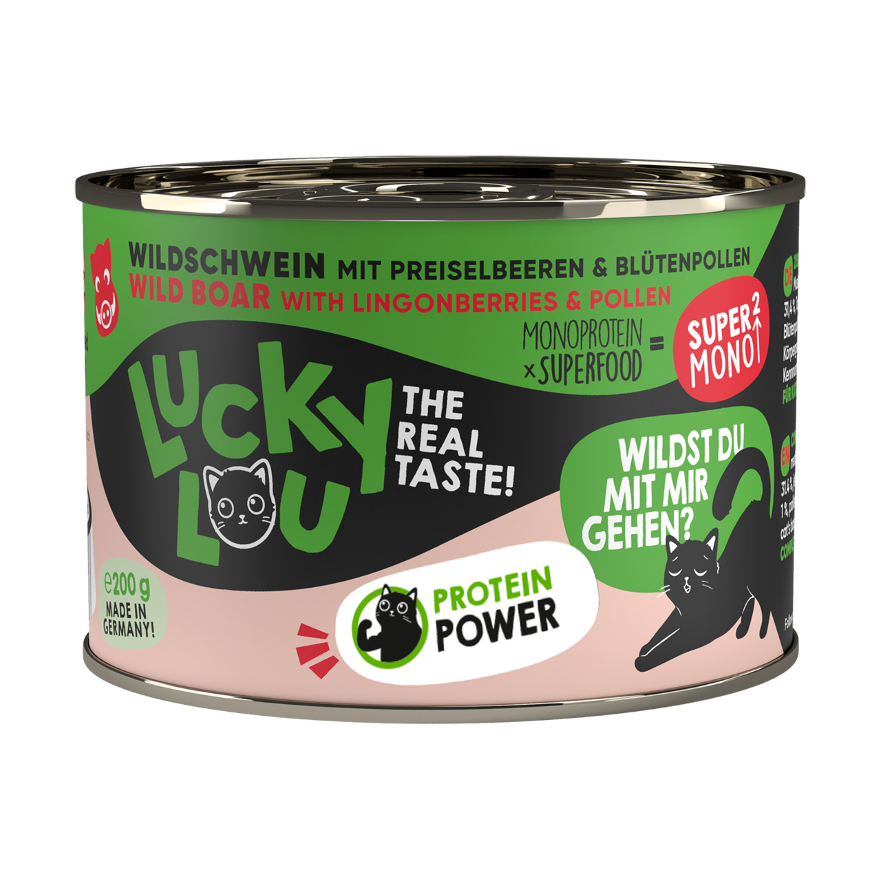 Das Bild zeigt eine Dose Katzenfutter der Marke Lucky Lou mit der Geschmacksrichtung Wildschwein, Preiselbeeren und Blütenpollen. Die Verpackung hebt hervor, dass es sich um ein Monoprotein-Produkt handelt, kombiniert mit Superfood. Die Menge beträgt 200 