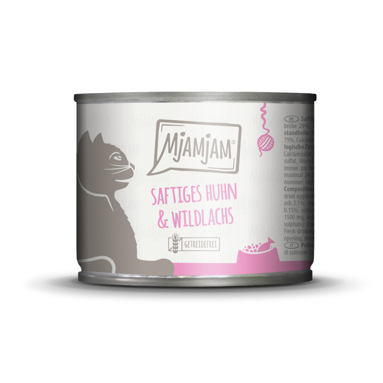 MJAMJAM Saftiges Huhn & Wildlachs, Katzen, getreidefreies Nassfutter, Huhn & Wildlachs, stilisiertes Katzenmotiv, silberne Dose.