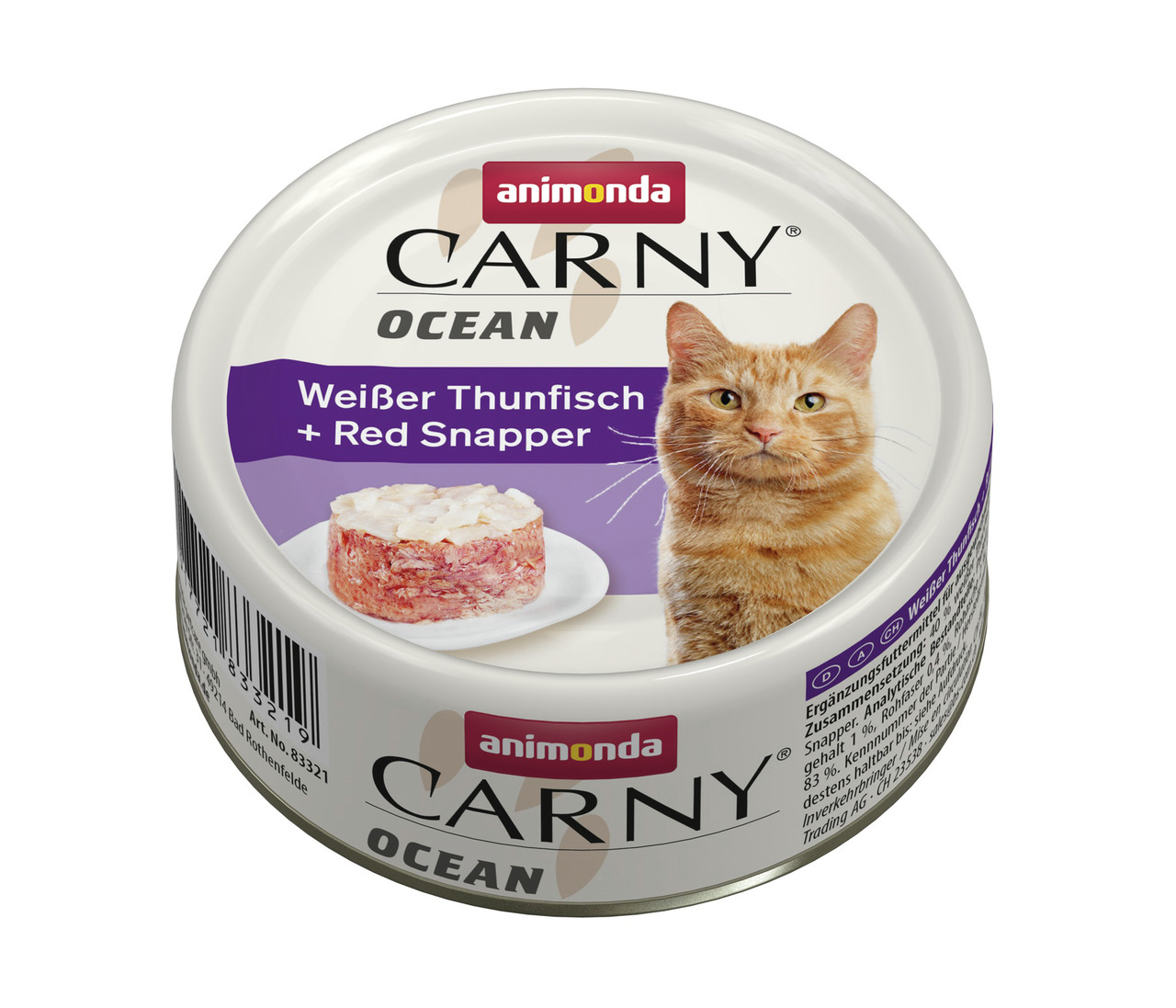 Das Bild zeigt eine Dose des Katzenfutters „Animonda Carny Ocean“ mit der Geschmacksrichtung „Weißer Thunfisch + Red Snapper“. Die Zielgruppe sind Katzen. Auf der Dose ist ein orangefarbener Kater abgebildet. Die Menge beträgt 80 g. Das Produkt verspricht