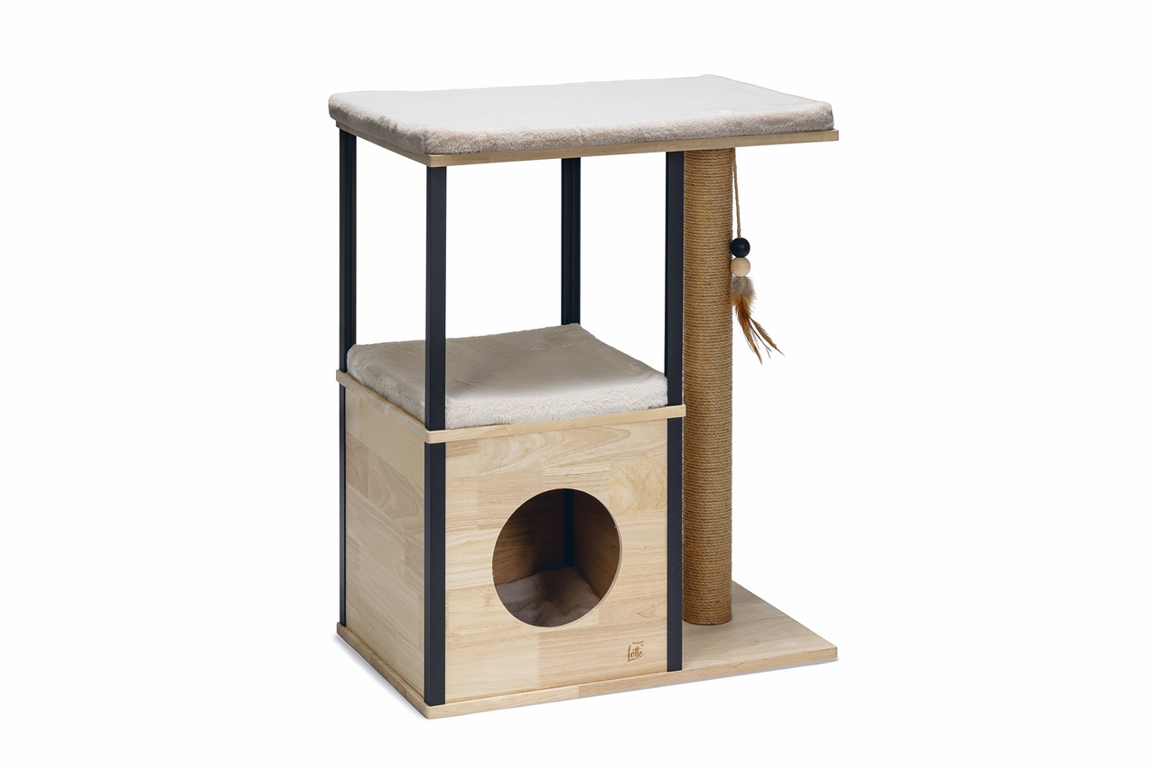 Kratzbaum „Designed by Lotte“ für Katzen, Holz+Metall, 2 Liegeflächen, Höhle, Sisal-Säule, Spielzeug, 60x40x90 cm, modern, für alle Größen.