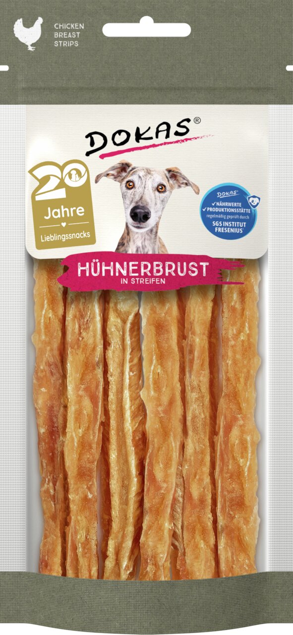 DOKAS Hühnerbrust in Streifen für Hunde, 70 g, proteinreicher Snack, geprüft vom SGS Institut Fresenius, hoher Fleischanteil.